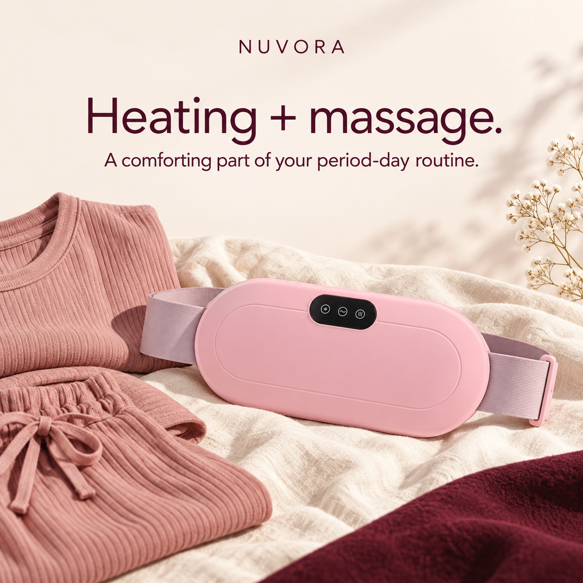 Pink portable heating and massage belt worn around the waist